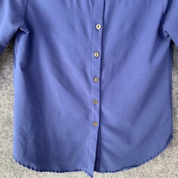 Mine Pullover Blouse Sz S Button Flyaway Back Blue Long Tab Roll Sleeves Career - Picture 6 of 12